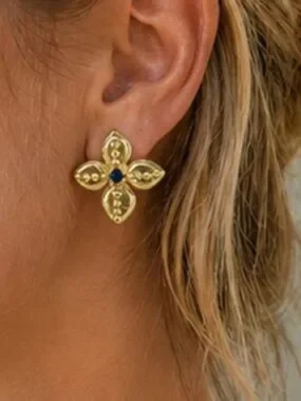 Gold Blue CZ Flower Stud Earrings (4454)